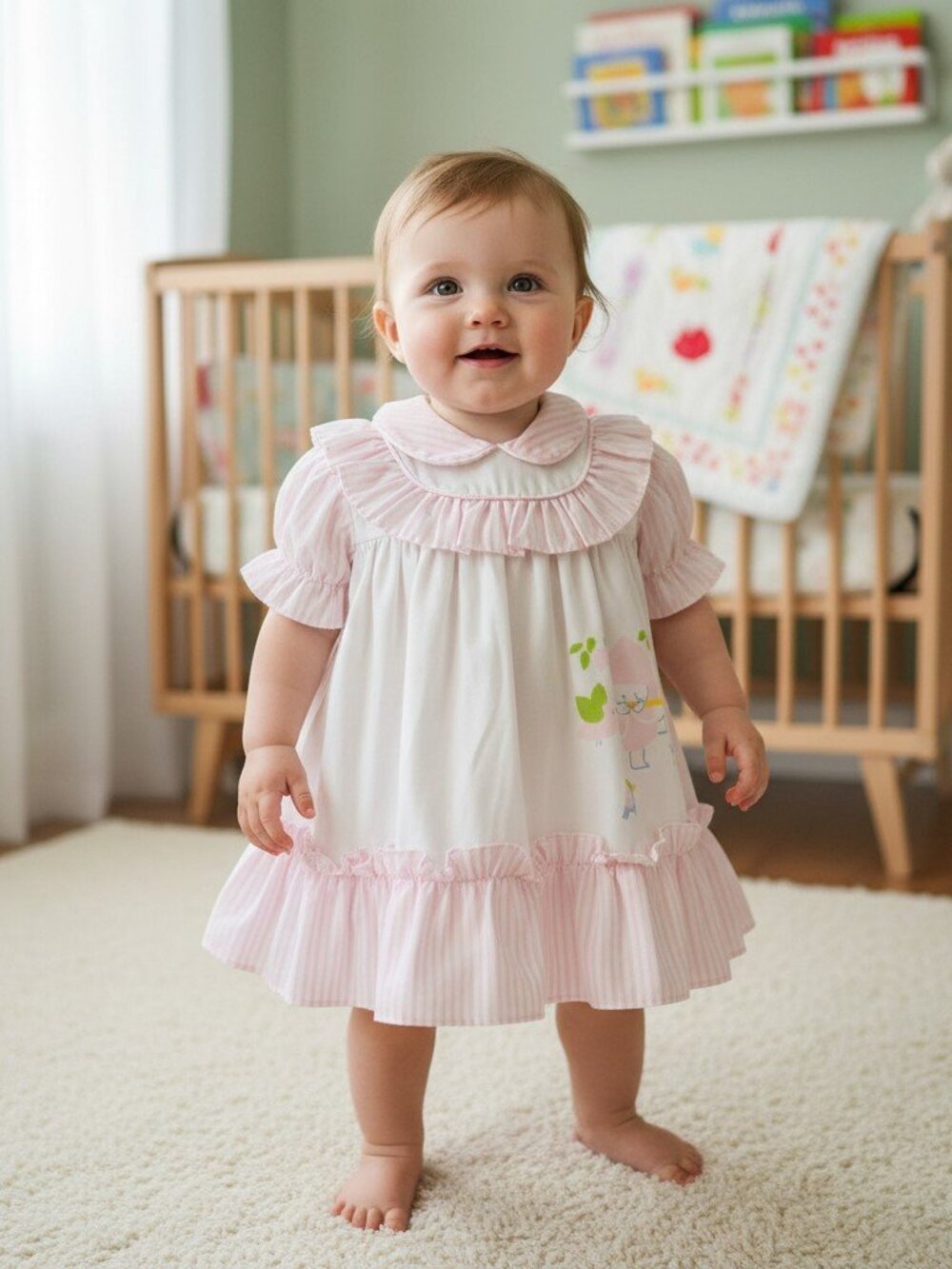 Vintage Handmade 80s-90s Baby Girl White Dress Pink Stripes 12-18 Months